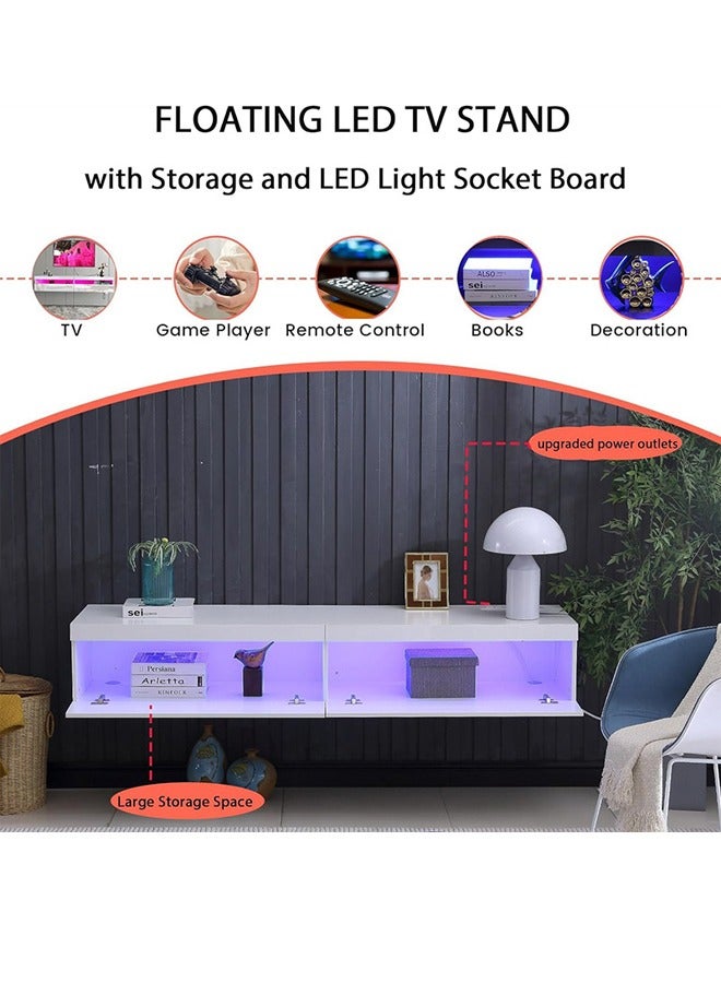 حامل تلفزيون حائطي، رف تلفزيون بإضاءة LED بـ 15 لونًا ومنفذ كهرباء، خزانة تلفزيون بطول 160 سم، مركز ترفيه عصري ووحدة وسائط مع تخزين، مقعد تلفزيون معلق لغرفة المعيشة وغرفة النوم - Image 4